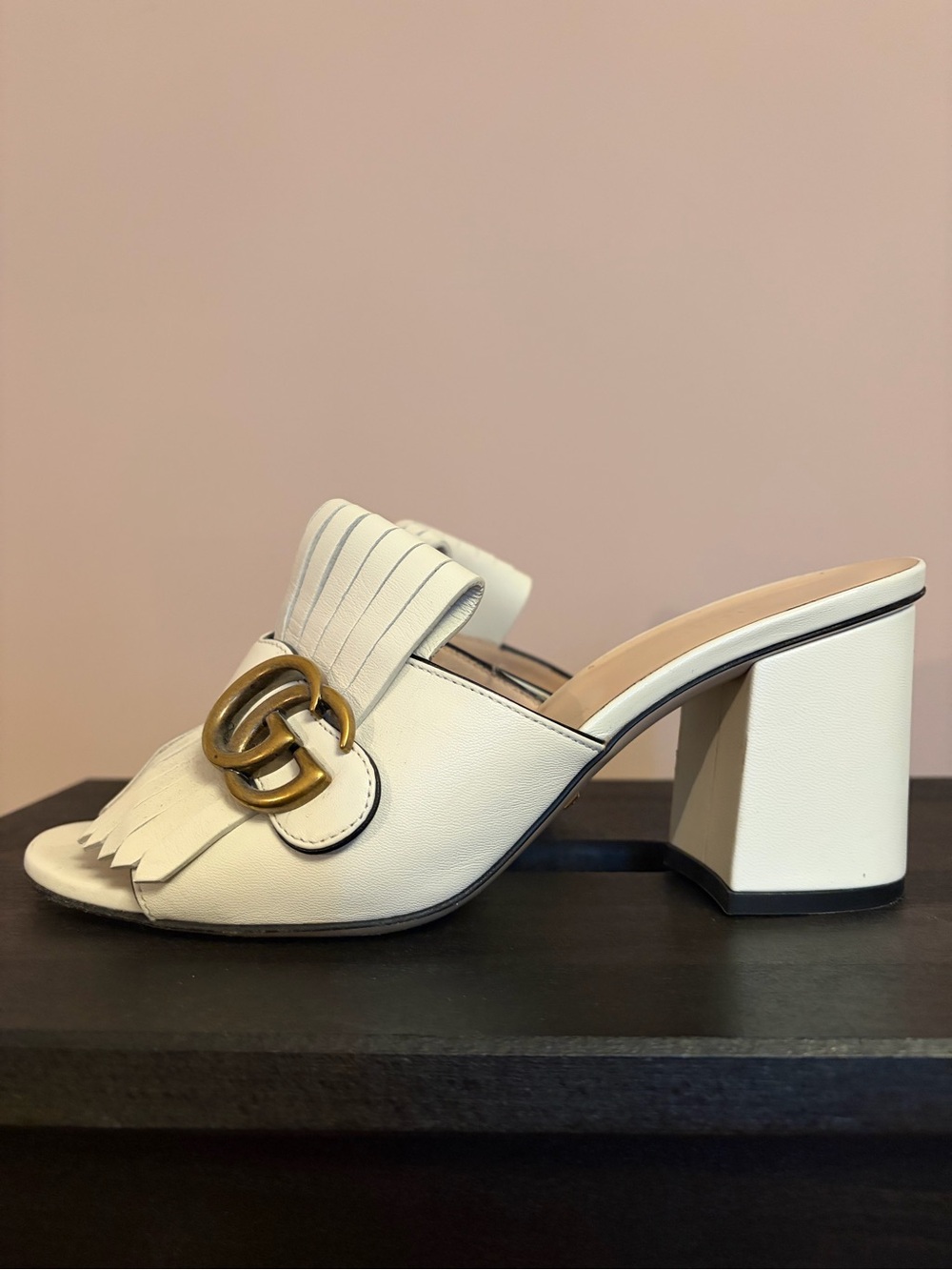 Gucci GG Marmont White Leather Fringe Slide Mule Sandals